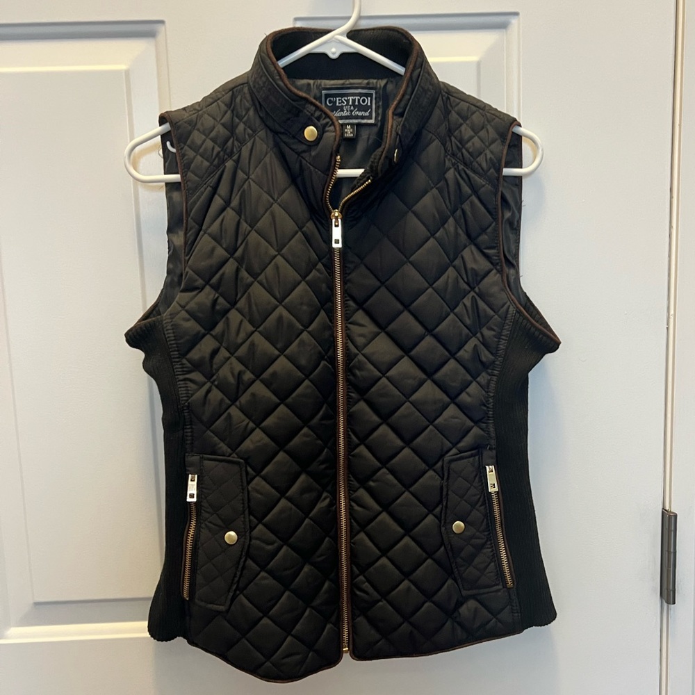C’esttoi Women’s Black Vest with Brown Leather Piping- Size Medium